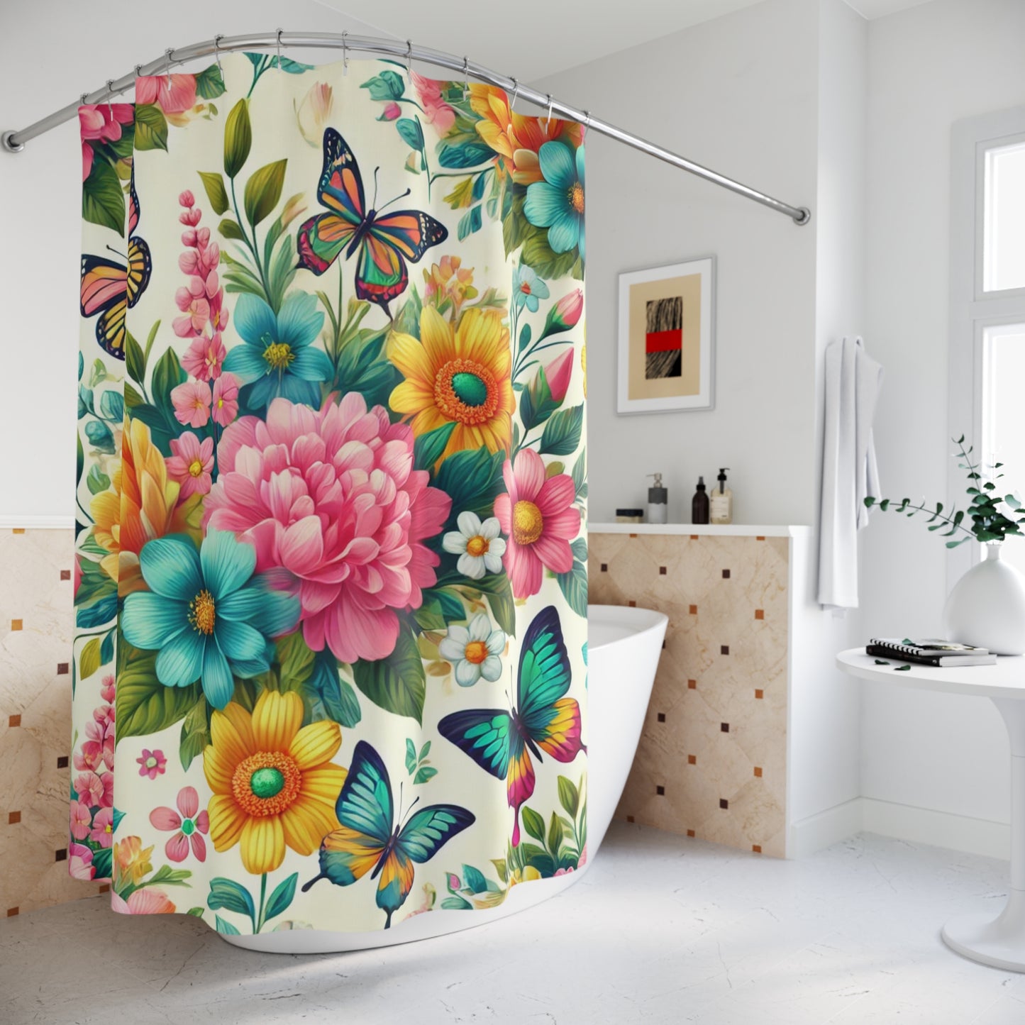 Whimsical Floral Shower Curtain with Butterflies - Vibrant Bathroom Decor