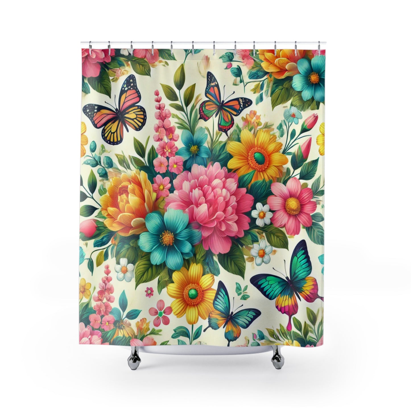 Whimsical Floral Shower Curtain with Butterflies - Vibrant Bathroom Decor