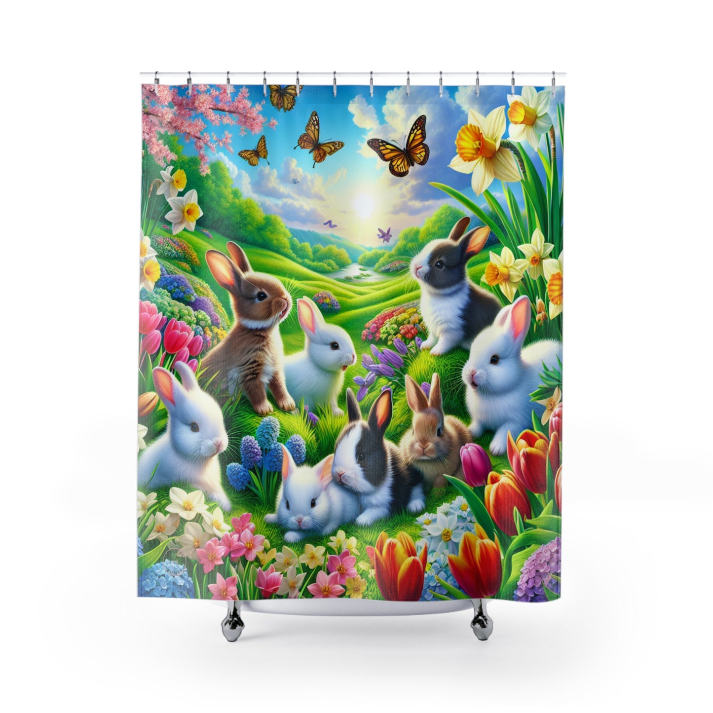 Whimsical Bunny Shower Curtain – Vibrant Nature Scene with Butterflies & Flowers