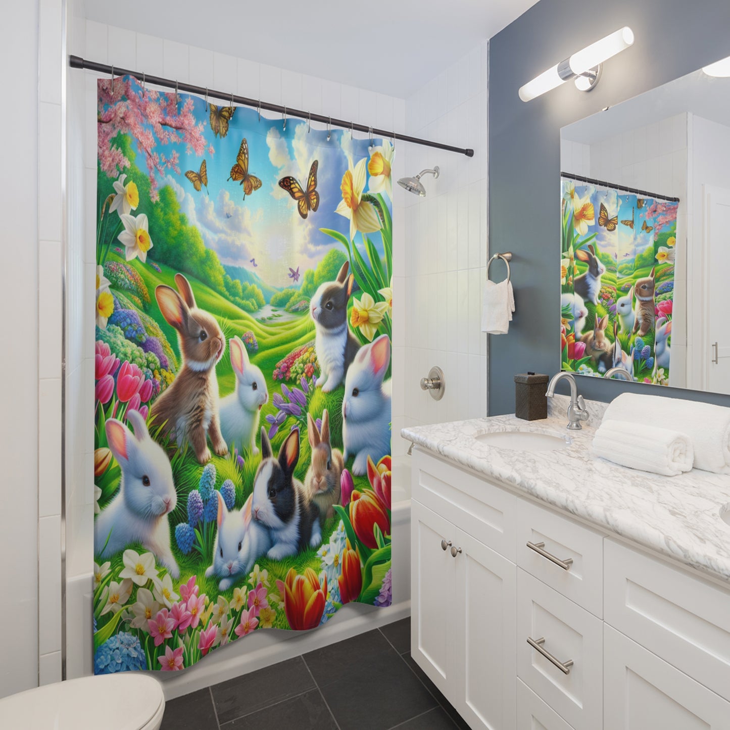 Whimsical Bunny Shower Curtain – Vibrant Nature Scene with Butterflies & Flowers