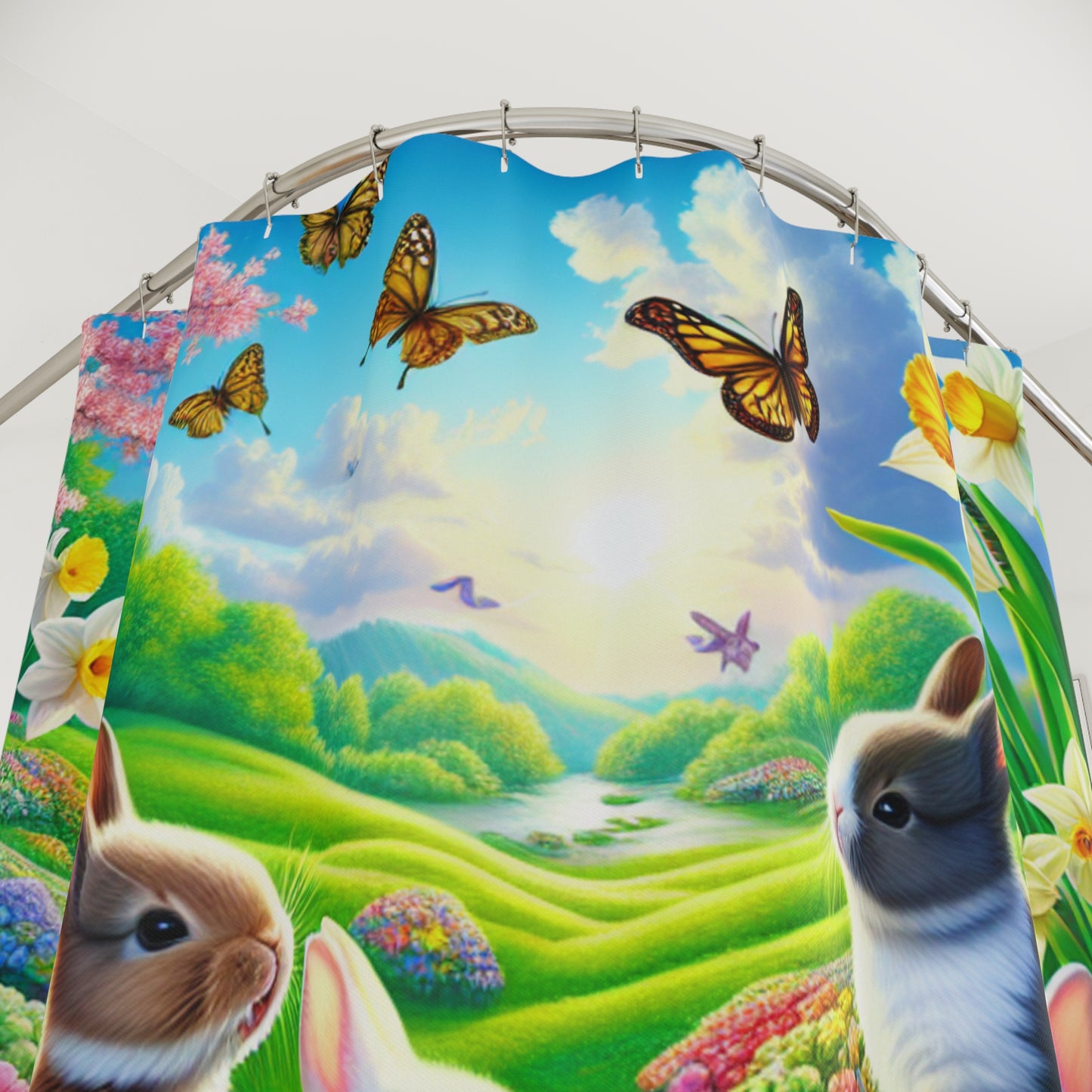 Whimsical Bunny Shower Curtain – Vibrant Nature Scene with Butterflies & Flowers