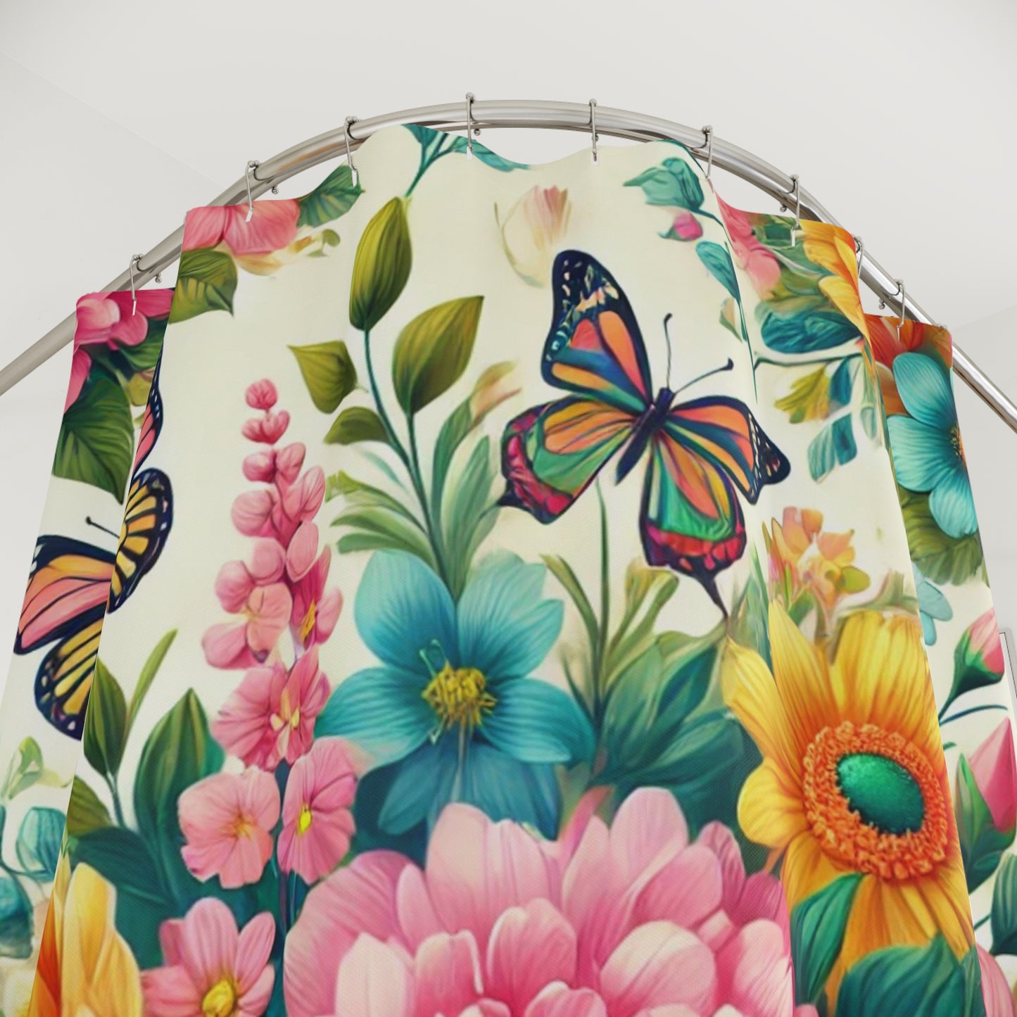 Whimsical Floral Shower Curtain with Butterflies - Vibrant Bathroom Decor