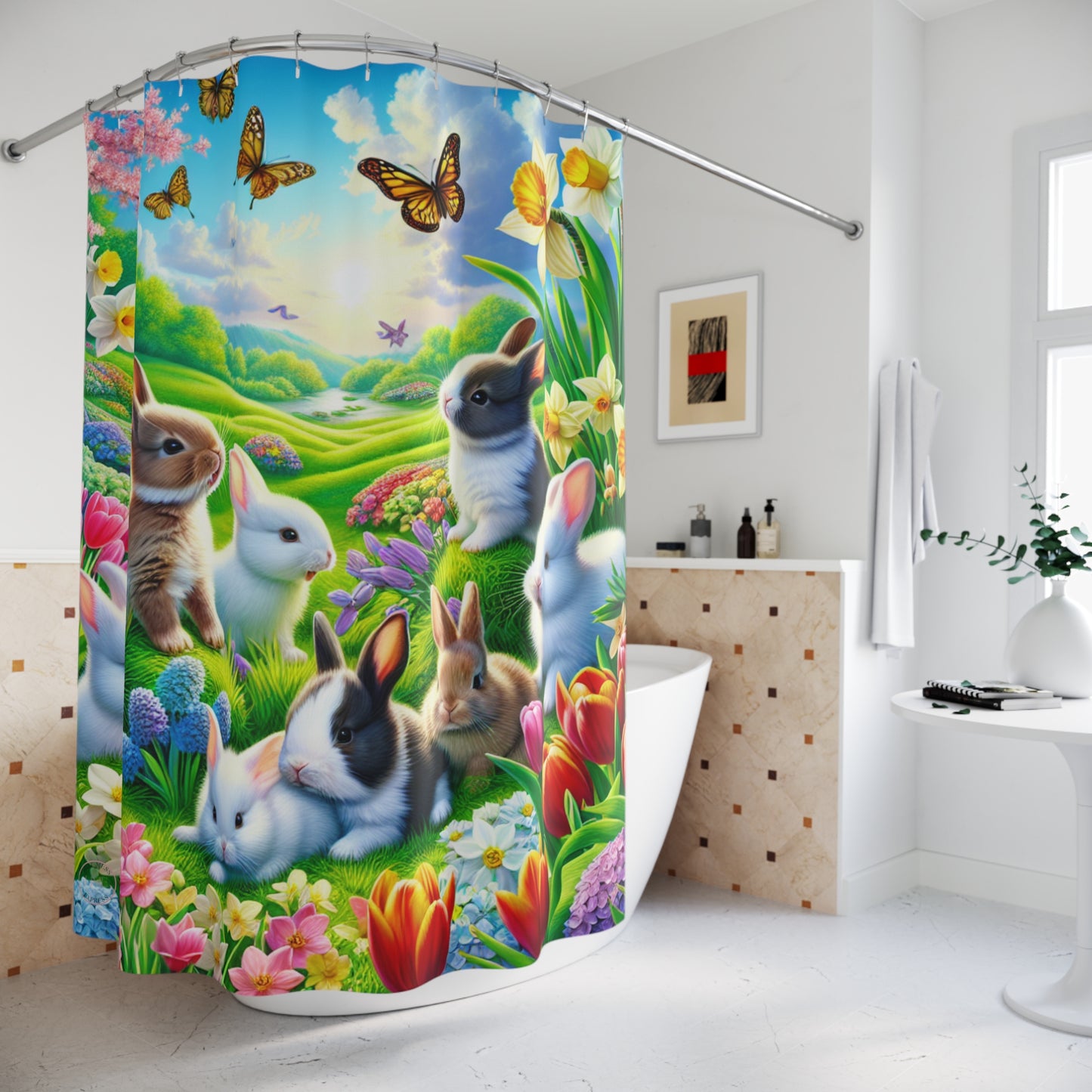 Whimsical Bunny Shower Curtain – Vibrant Nature Scene with Butterflies & Flowers
