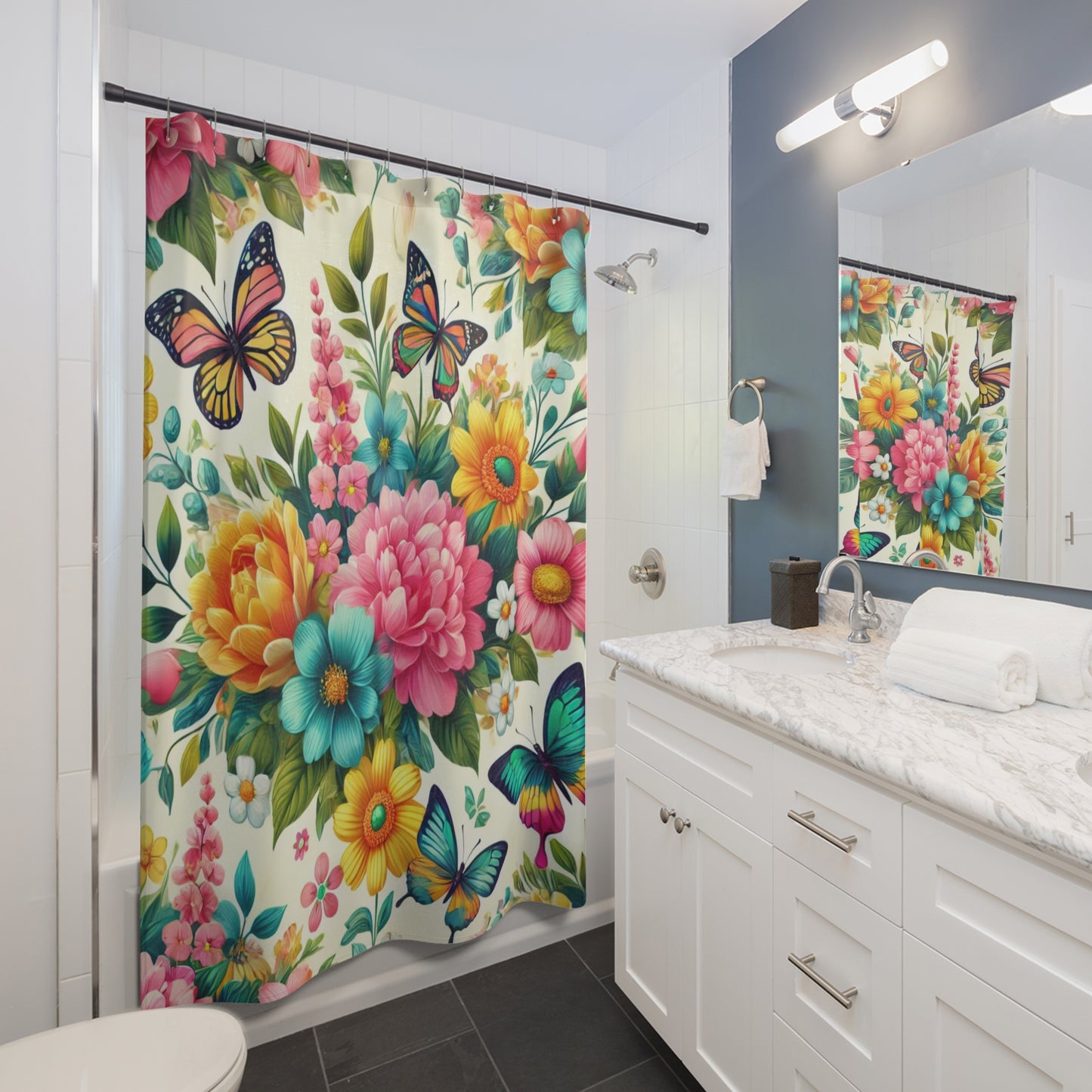 Whimsical Floral Shower Curtain with Butterflies - Vibrant Bathroom Decor