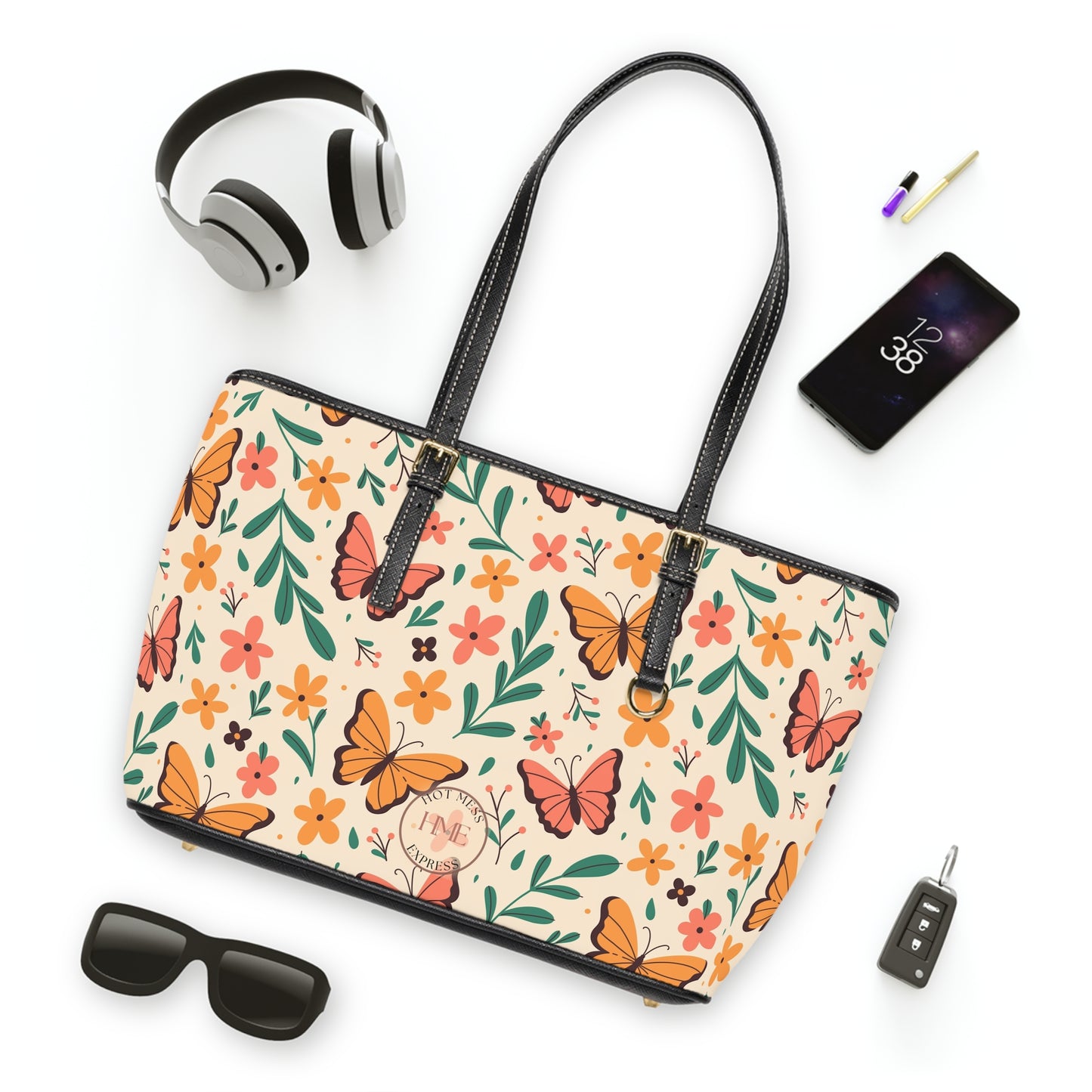 Floral Butterfly PU Leather Shoulder Bag - Stylish Tote for Everyday Use
